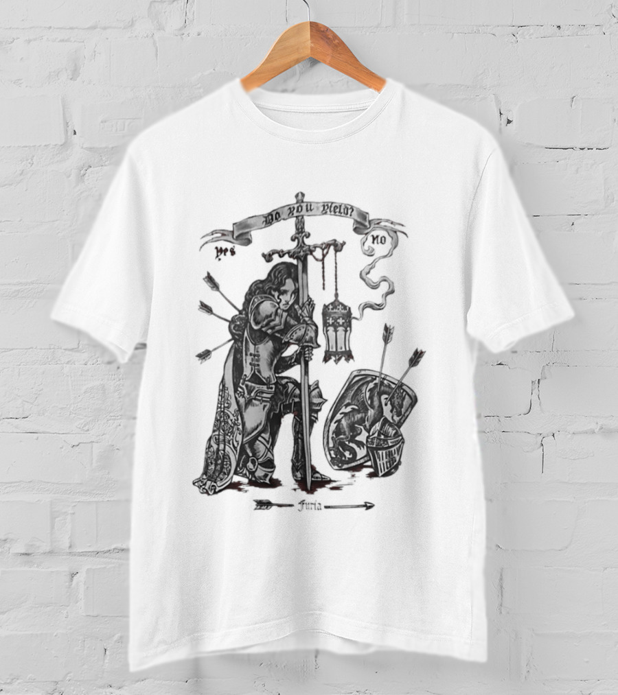 Knight Sword Shield Arrows Lantern Helmet Furia Do You Yield Yes No T-Shirt