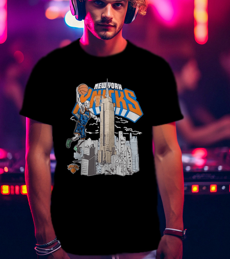 New York Knicks Skeleton Basketball Player Empire State Building Slam Dunk NBA T-Shirt