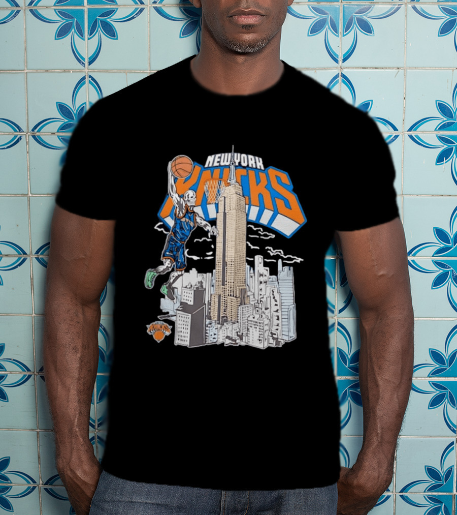 New York Knicks Skeleton Basketball Player Empire State Building Slam Dunk NBA T-Shirt