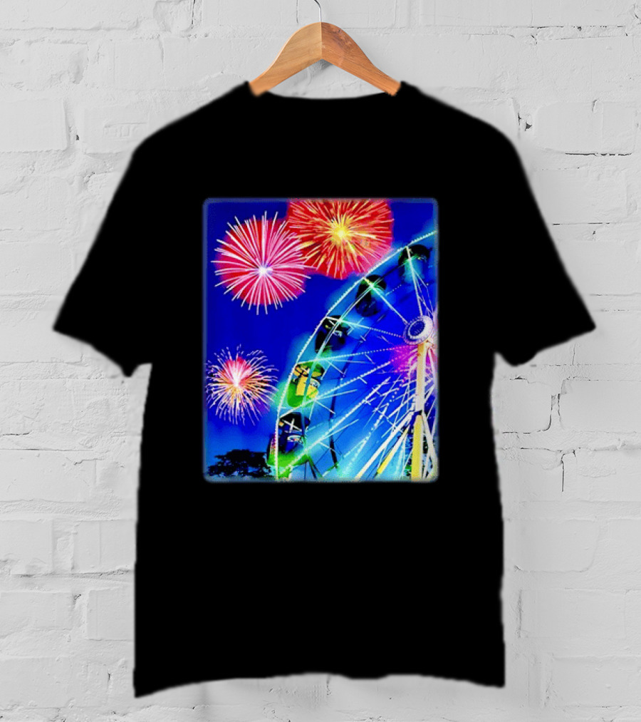 Ferris Wheel Fireworks Night Display Blue Sky T-Shirt