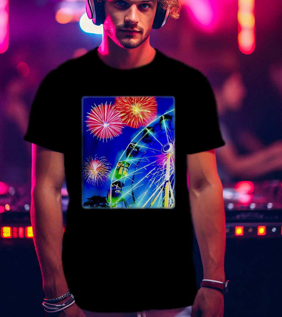 Ferris Wheel Fireworks Night Display Blue Sky T-Shirt