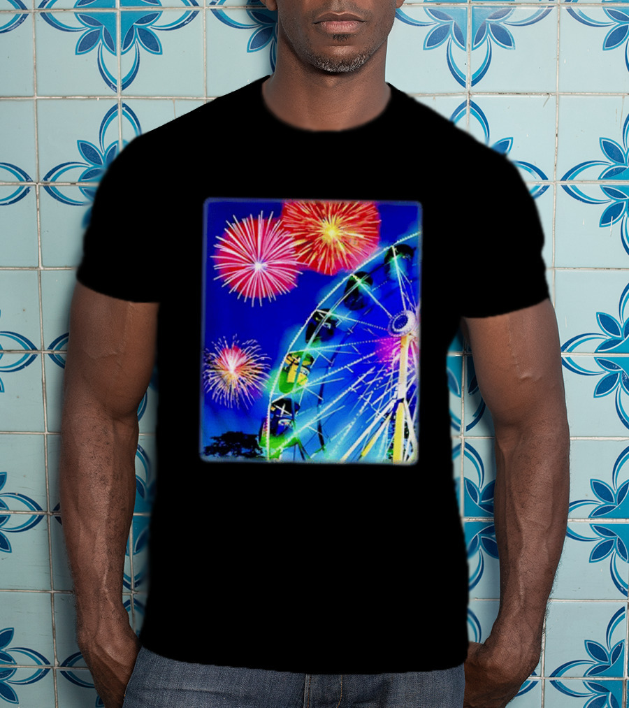 Ferris Wheel Fireworks Night Display Blue Sky T-Shirt