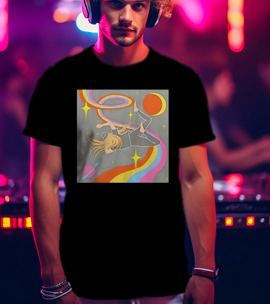 Rainbow Swirl Stars Crescent Moon Planet Orbit Cosmos Night Galaxy T-Shirt