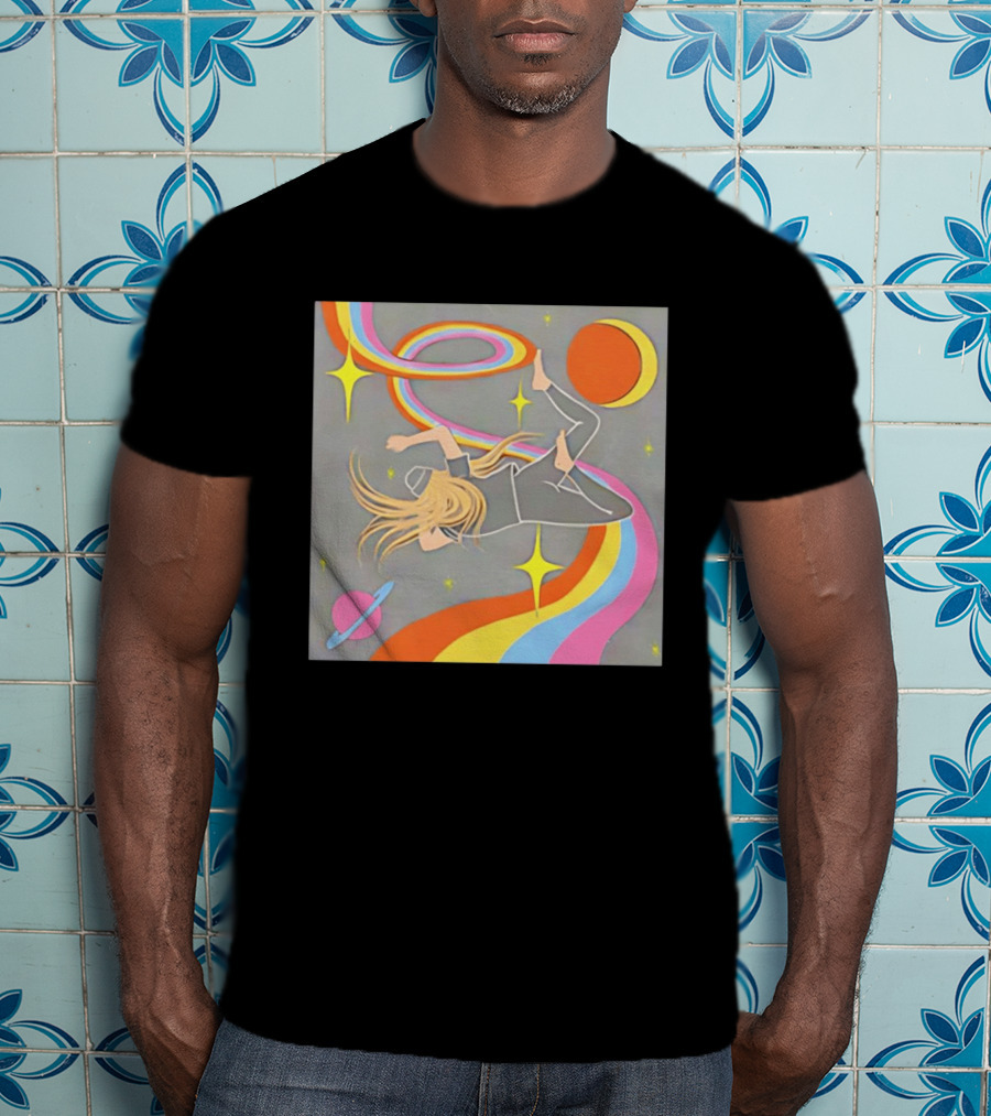 Rainbow Swirl Stars Crescent Moon Planet Orbit Cosmos Night Galaxy T-Shirt
