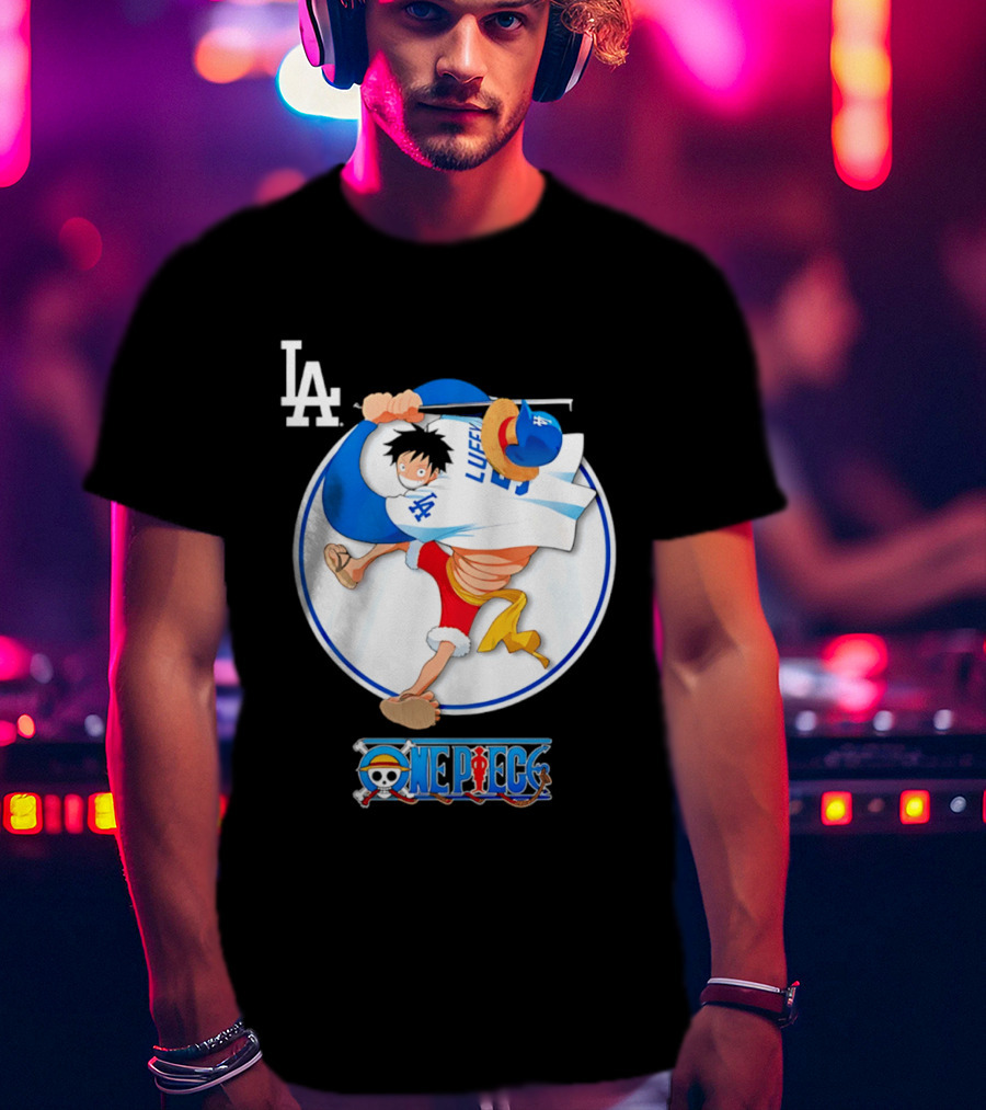 Los Angeles Dodgers Luffy OnePiece Collaboration With LA Logo And One Piece Branding T-Shirt