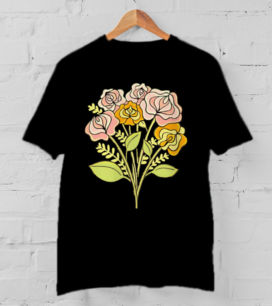 Pink Roses Yellow Roses Leaves Stems Bloom Blossom Petal Flower Plant T-Shirt