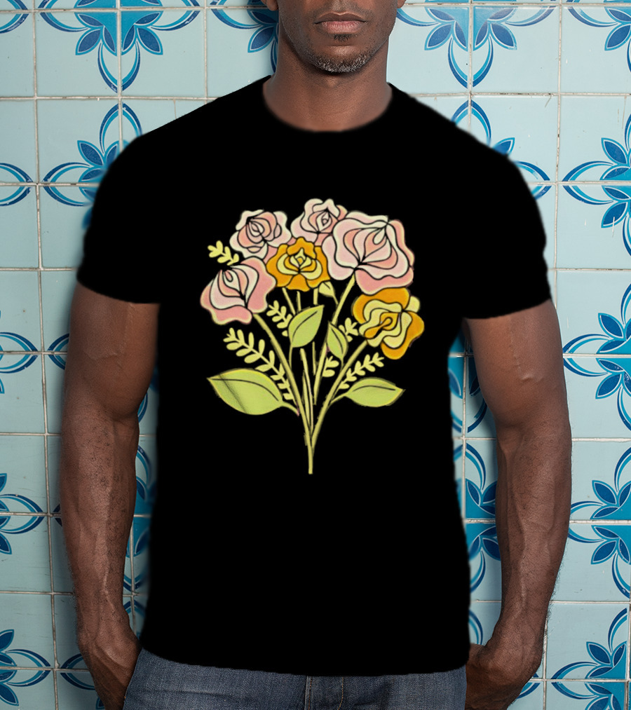 Pink Roses Yellow Roses Leaves Stems Bloom Blossom Petal Flower Plant T-Shirt
