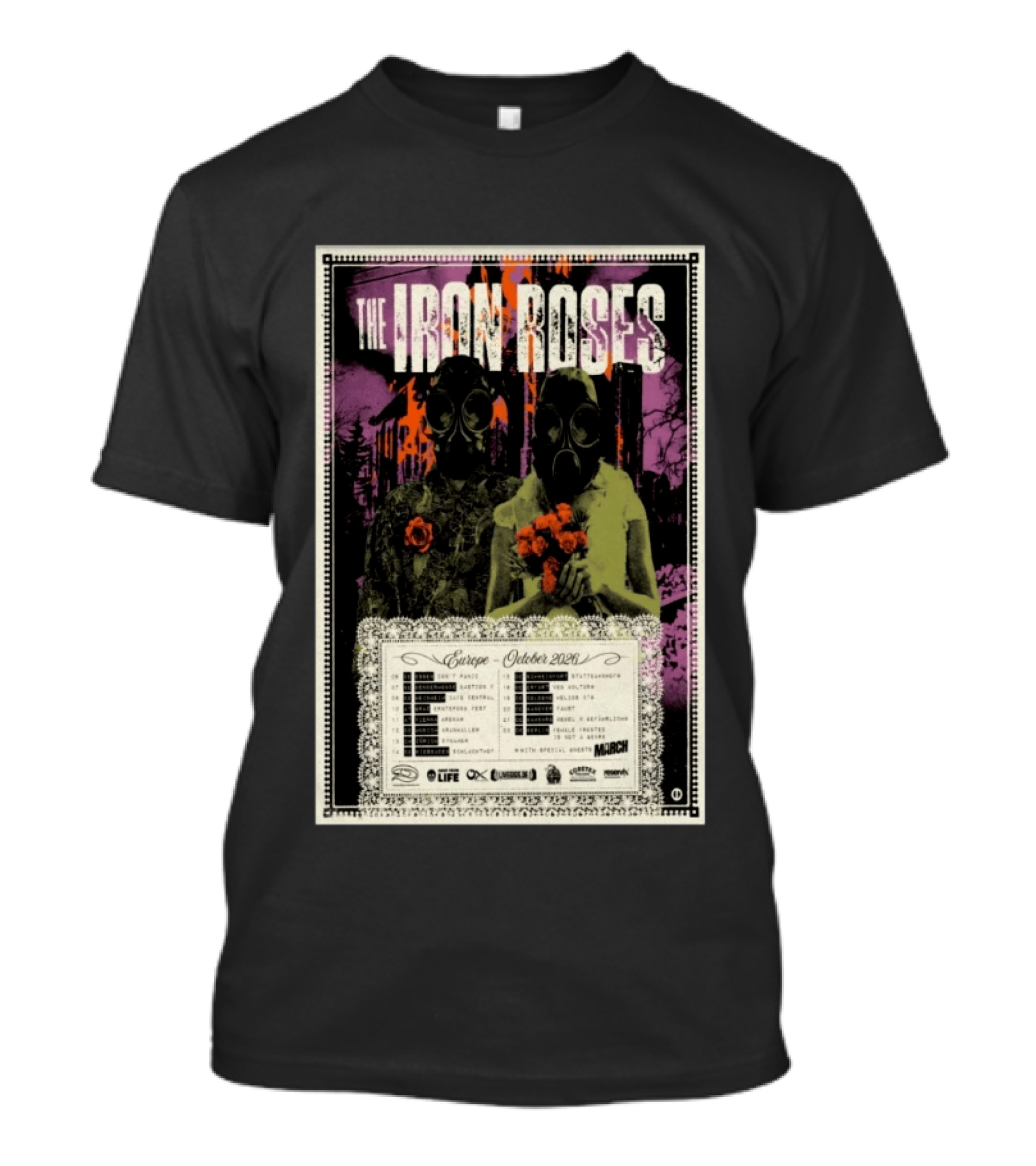 The Iron Roses Tour Europe 2026 October Dates With Gas Masks And Roses T-Shirt