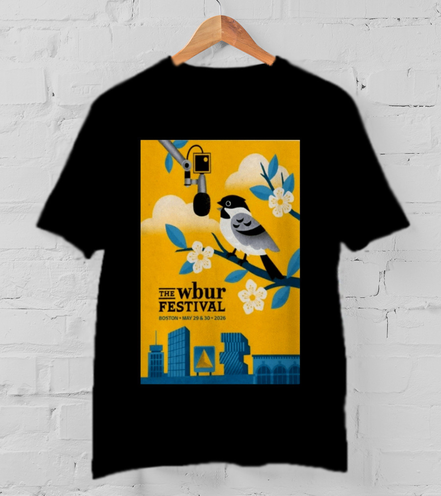 The Wbur Festival Boston 2026 Yellow Bird Microphone Urban Skyline T-Shirt