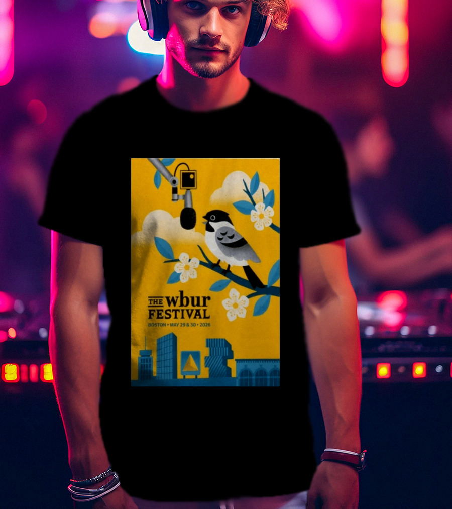 The Wbur Festival Boston 2026 Yellow Bird Microphone Urban Skyline T-Shirt