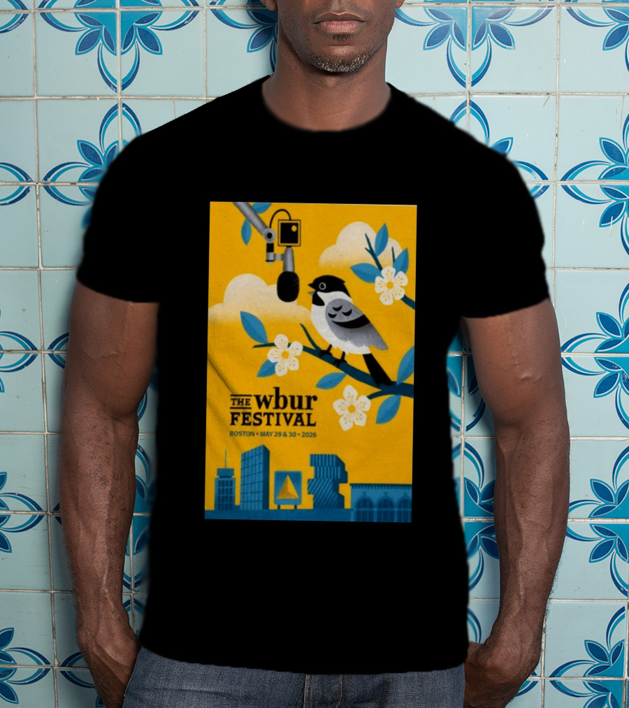 The Wbur Festival Boston 2026 Yellow Bird Microphone Urban Skyline T-Shirt
