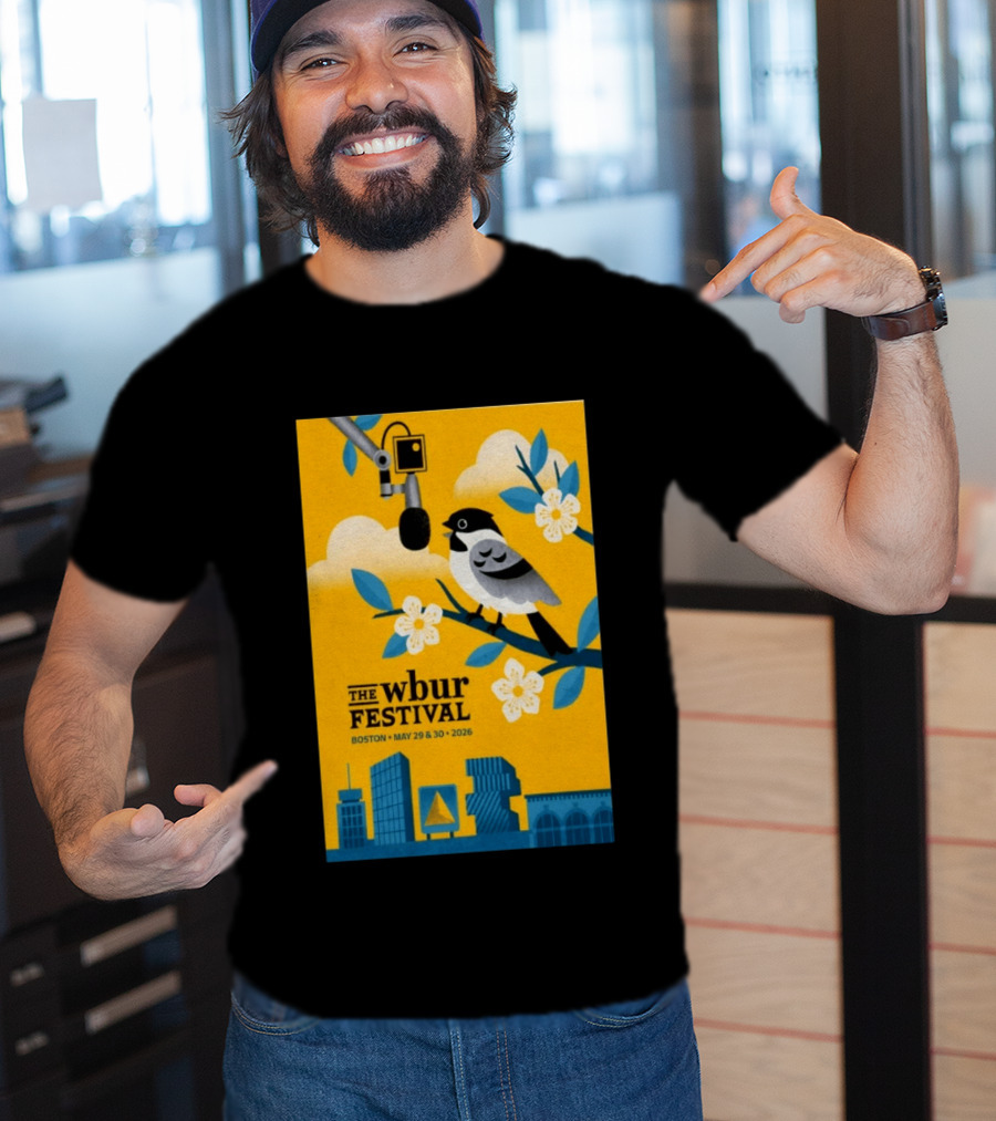 The Wbur Festival Boston 2026 Yellow Bird Microphone Urban Skyline T-Shirt