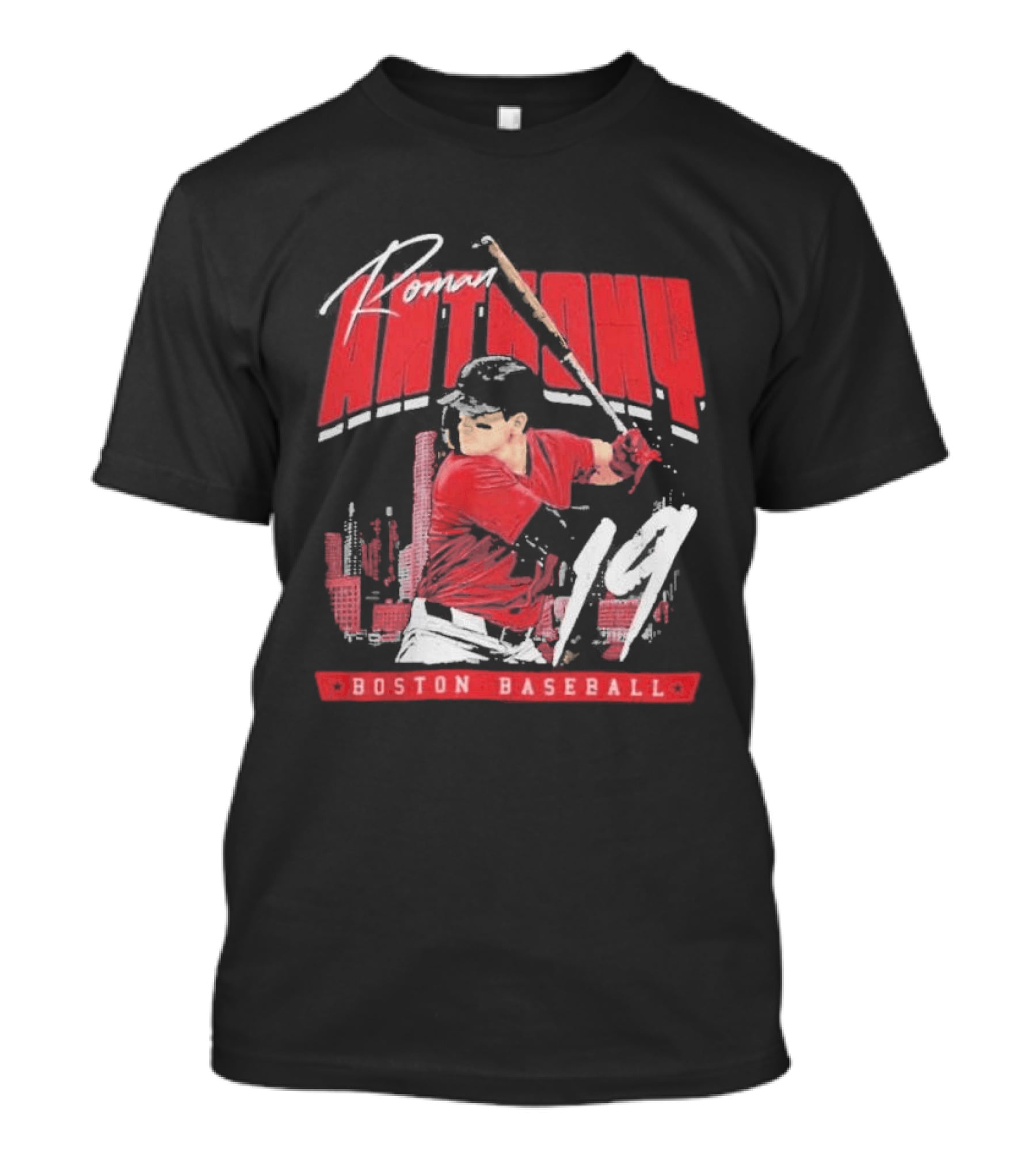 Roman Anthony 19 Boston Baseball Skyline Batting Scene T-Shirt