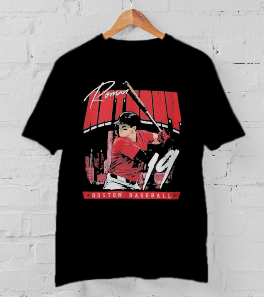 Roman Anthony 19 Boston Baseball Skyline Batting Scene T-Shirt