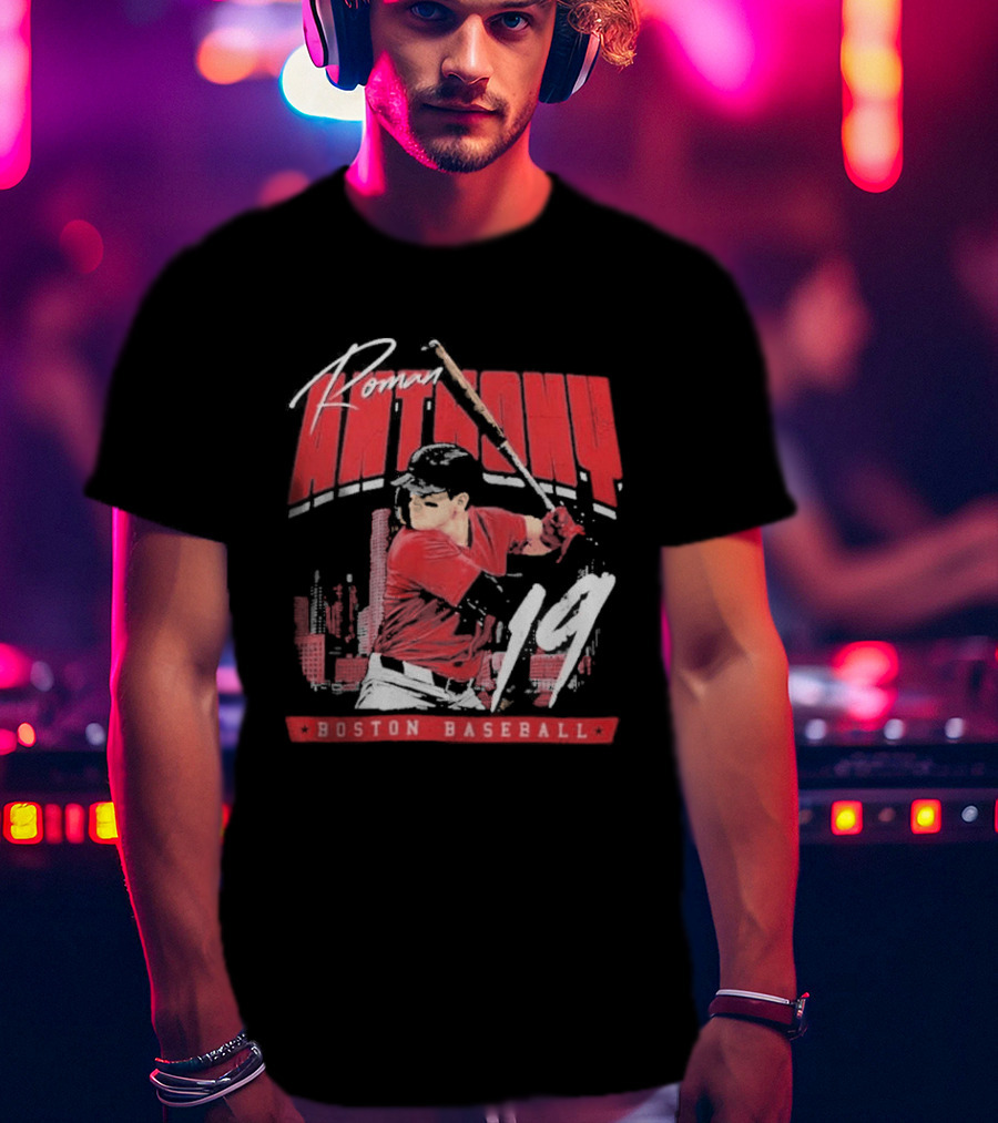 Roman Anthony 19 Boston Baseball Skyline Batting Scene T-Shirt