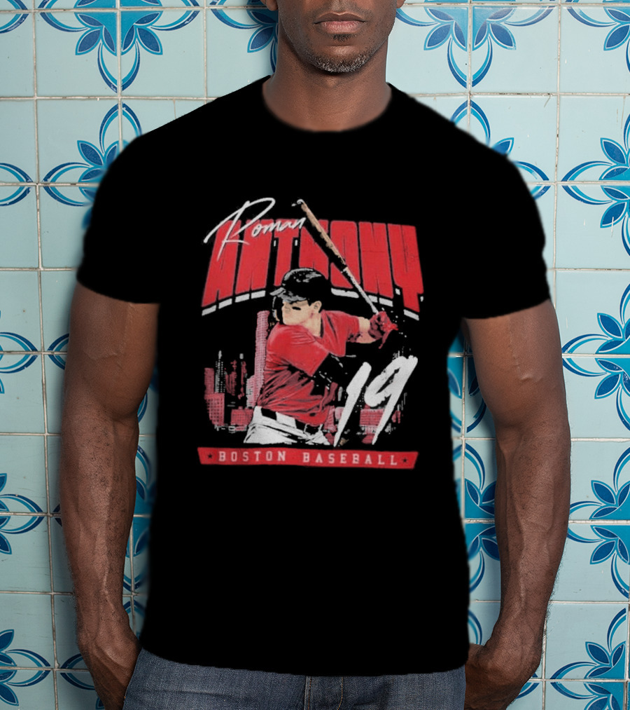 Roman Anthony 19 Boston Baseball Skyline Batting Scene T-Shirt