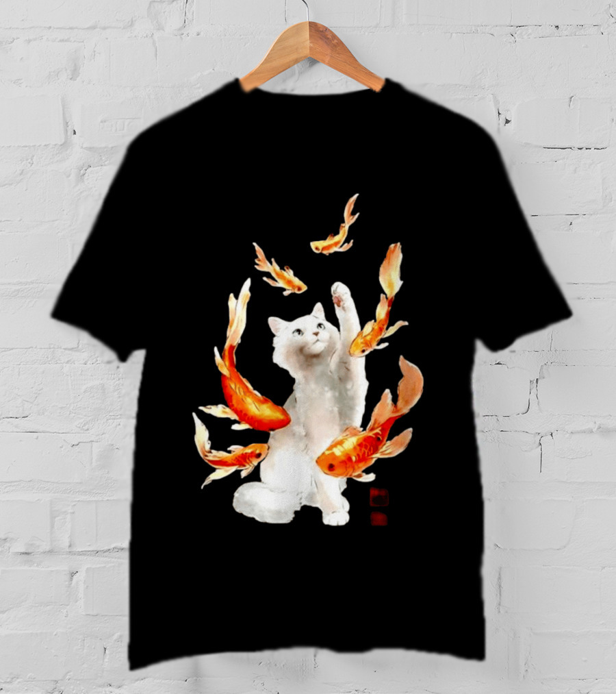 Playful White Cat Surrounded By Goldfish T-Shirt