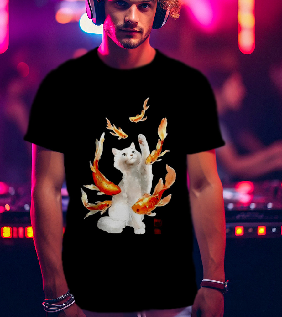 Playful White Cat Surrounded By Goldfish T-Shirt