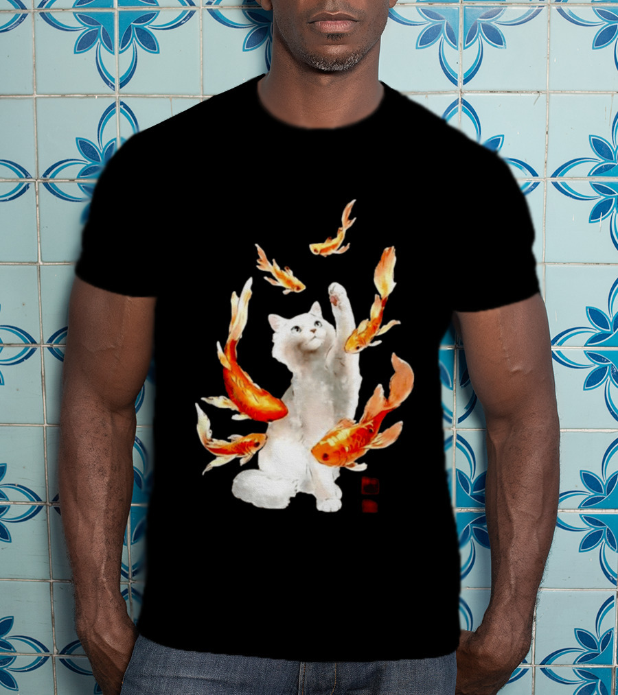 Playful White Cat Surrounded By Goldfish T-Shirt