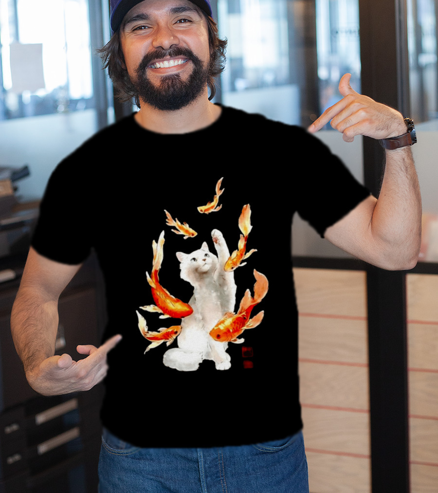 Playful White Cat Surrounded By Goldfish T-Shirt