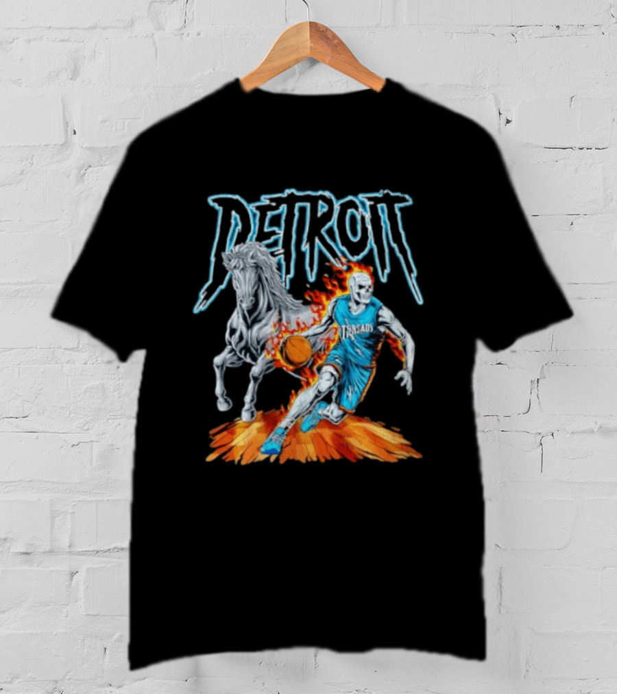 Detroit Skeleton Basketball Player With Fiery Basketball And Horse T-Shirt