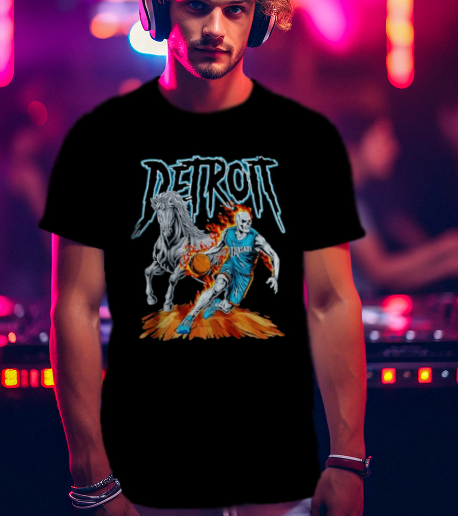Detroit Skeleton Basketball Player With Fiery Basketball And Horse T-Shirt