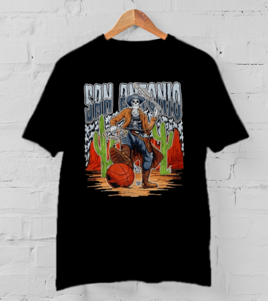 San Antonio Skeleton Cowboy With Basketball And Cactus Scene T-Shirt