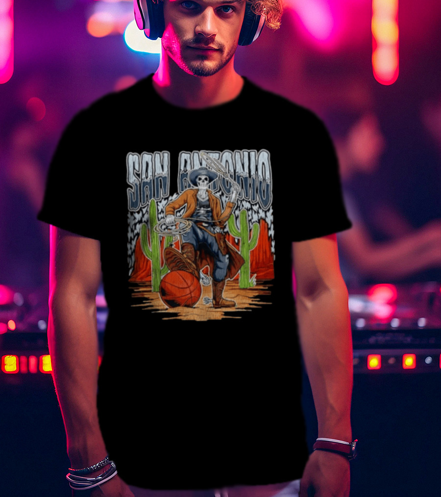 San Antonio Skeleton Cowboy With Basketball And Cactus Scene T-Shirt