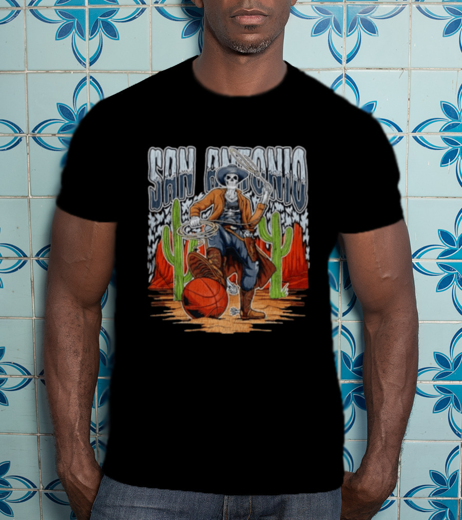 San Antonio Skeleton Cowboy With Basketball And Cactus Scene T-Shirt