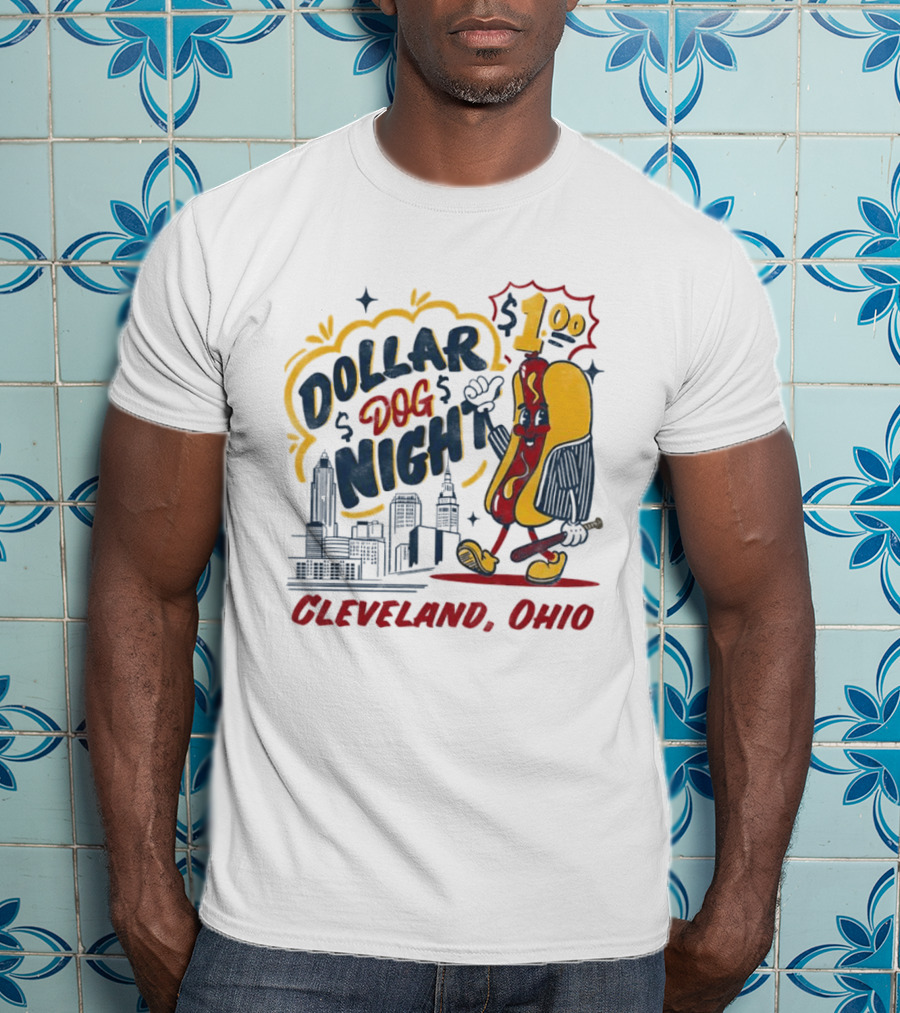 Cleveland Ohio Dollar Dog Night Baseball Skyline Hot Dog 1 Dollar T-Shirt