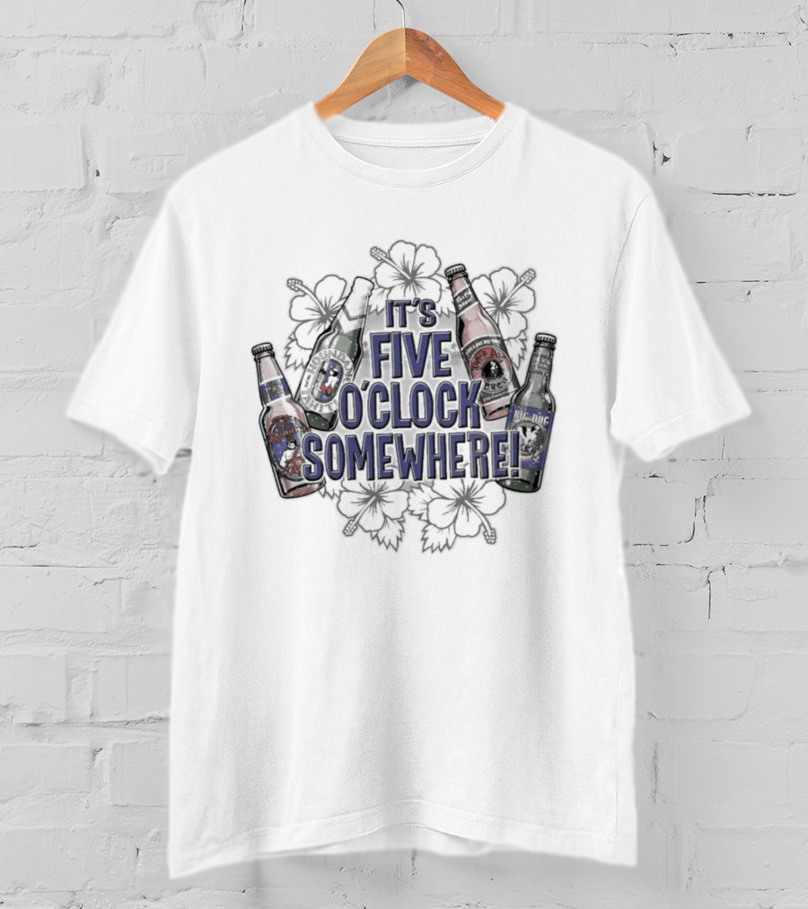 It's Five O' Somewhere Beer Bottles And Tropical Flowers T-Shirt