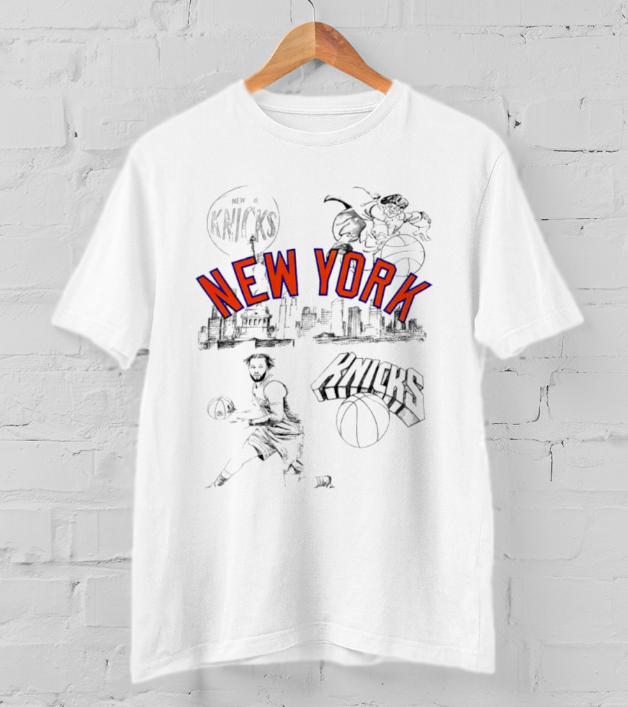 New York Knicks Skyline Basketball Player Graphic Cityscape Iconic Landmarks T-Shirt