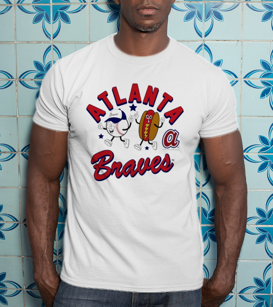 Atlanta Braves Baseball Character With Hot Dog Snack And Team Spirit T-Shirt