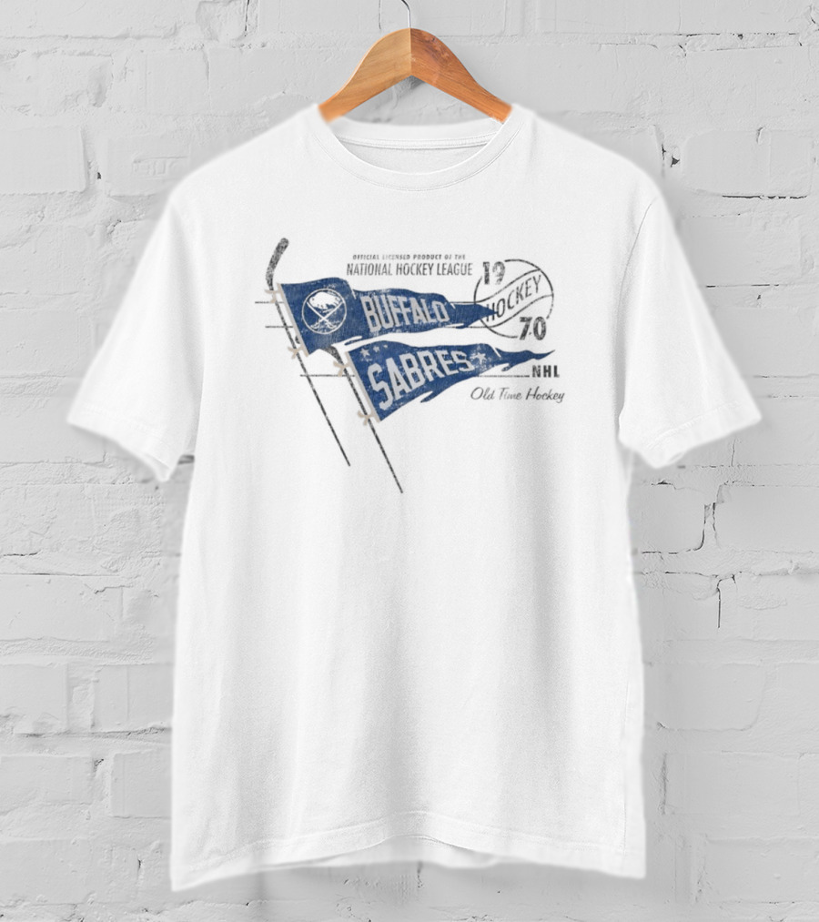 Buffalo Sabres 1970 Old Time Hockey Crossed Hockey Sticks Pennants Navy Blue T-Shirt
