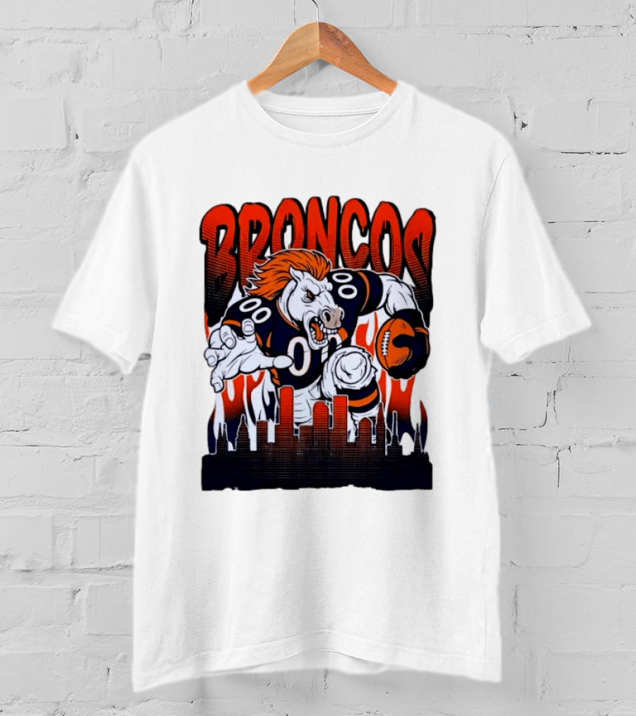 Denver Broncos Football Bronco Running Horse Skyline T-Shirt