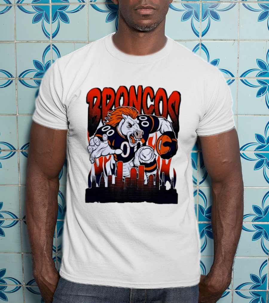 Denver Broncos Football Bronco Running Horse Skyline T-Shirt