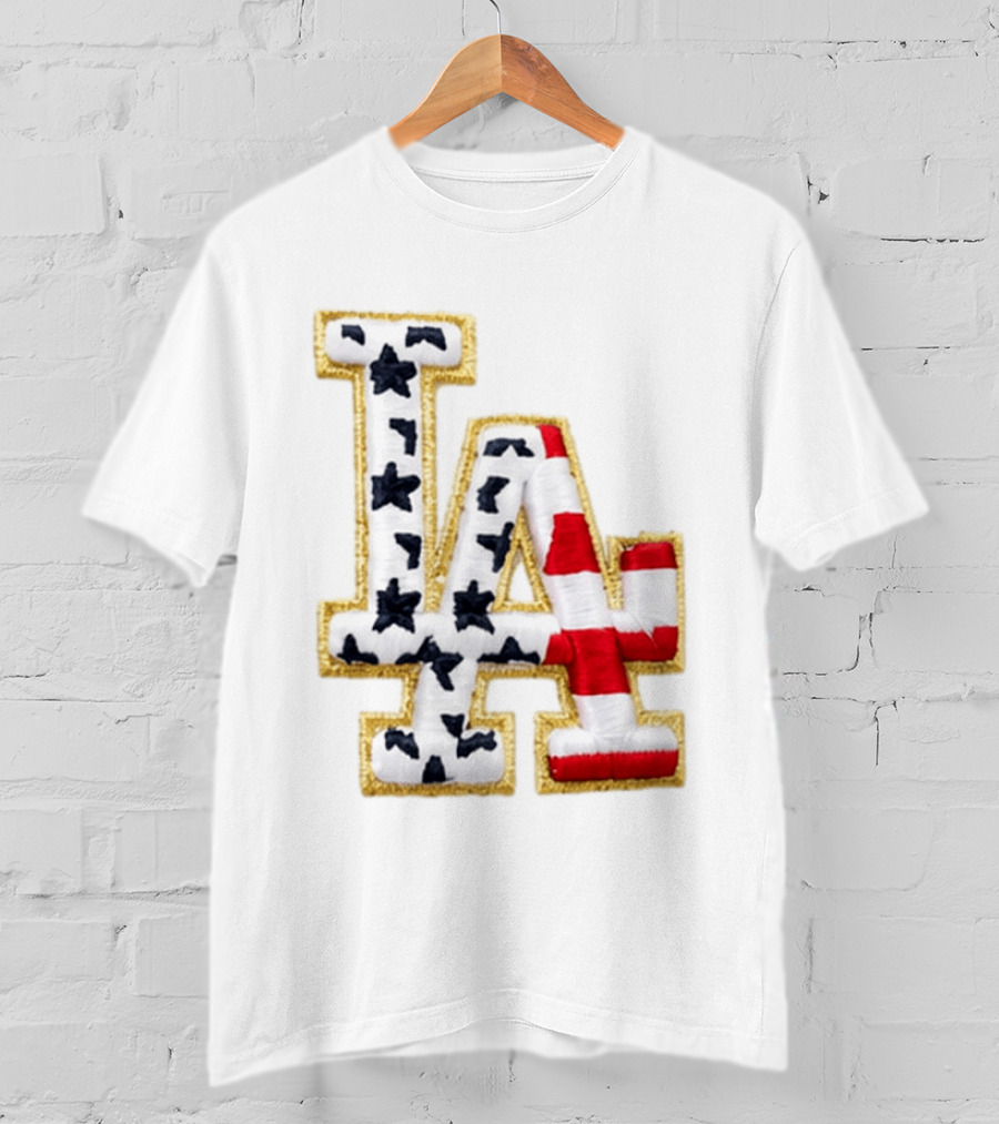 Dodgers LA 250th Anniversary Stars And Stripes Gold Trim Patch T-Shirt