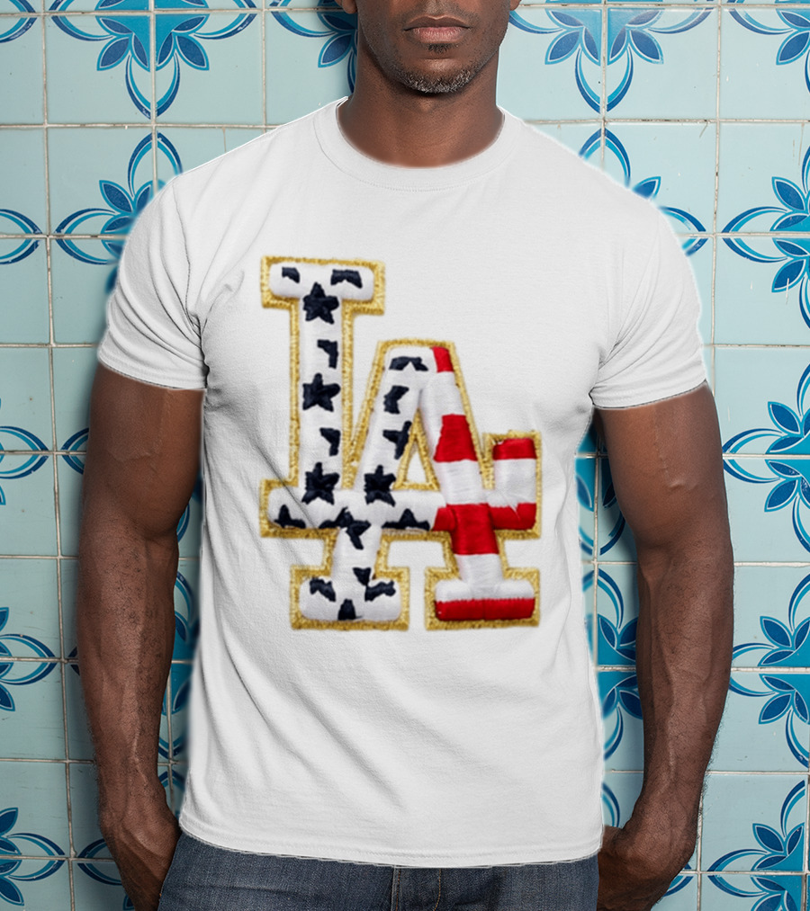 Dodgers LA 250th Anniversary Stars And Stripes Gold Trim Patch T-Shirt