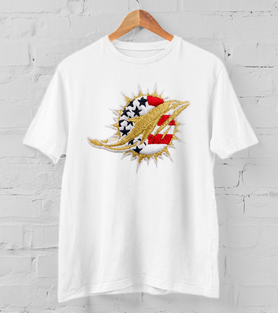 Sure, Here's The Revised Title: "Miami Dolphins USA Flag Patch America 250 Stars Stripes T-Shirt