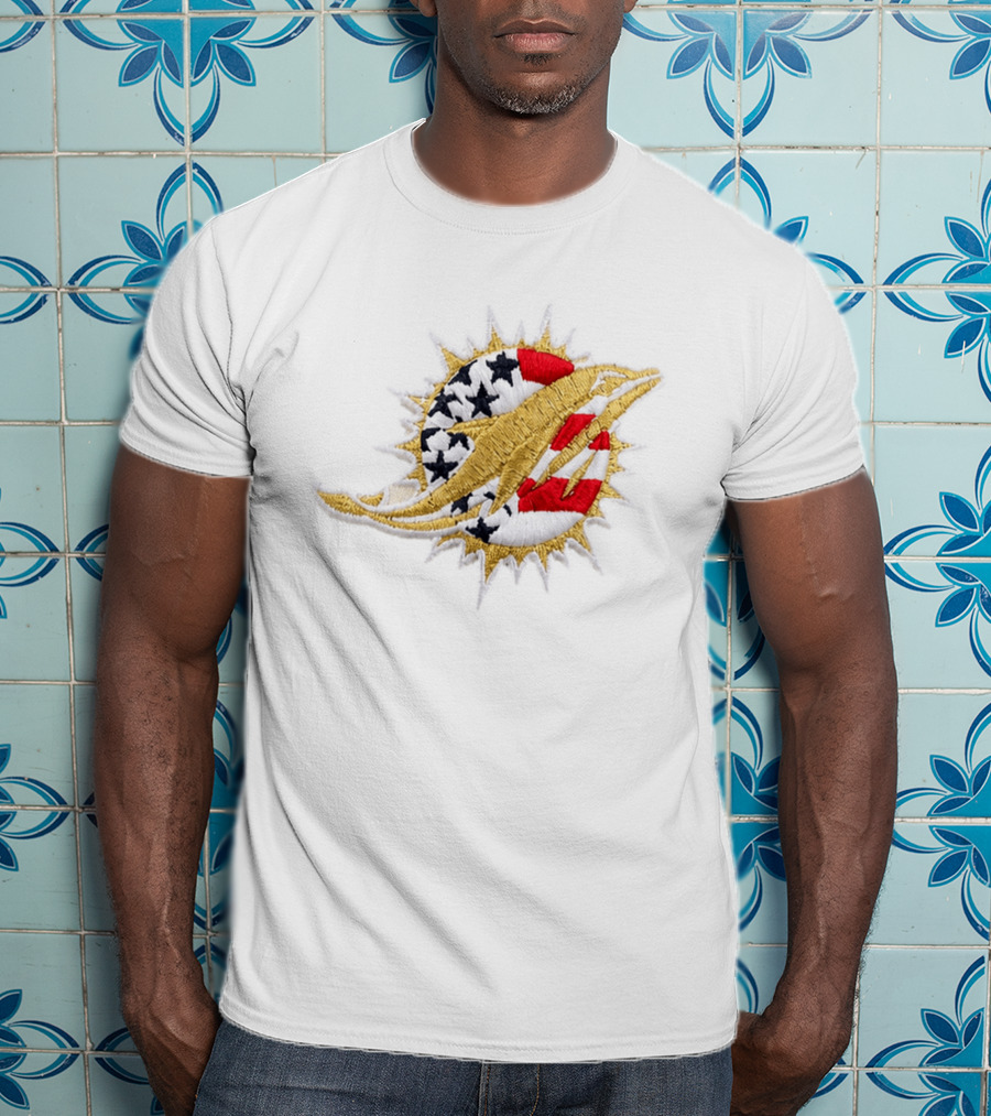 Sure, Here's The Revised Title: "Miami Dolphins USA Flag Patch America 250 Stars Stripes T-Shirt