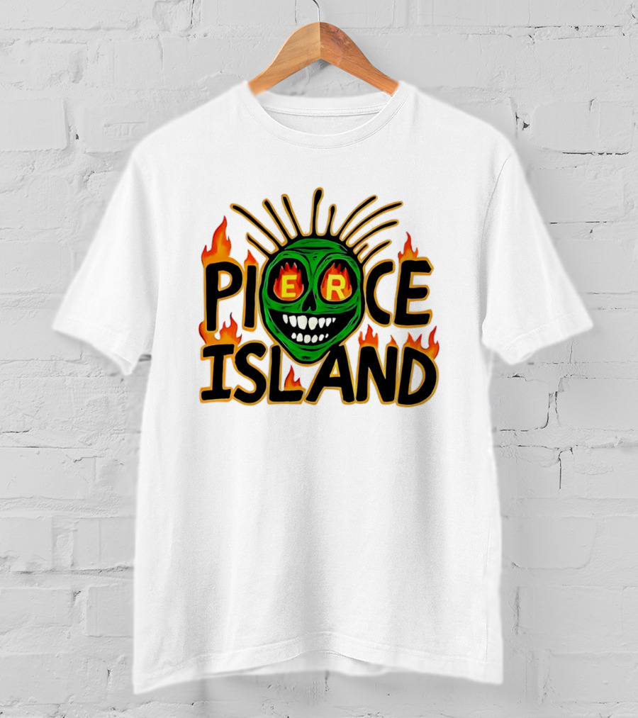 Pierce Island Green Skull Flames Spooky Island T-Shirt