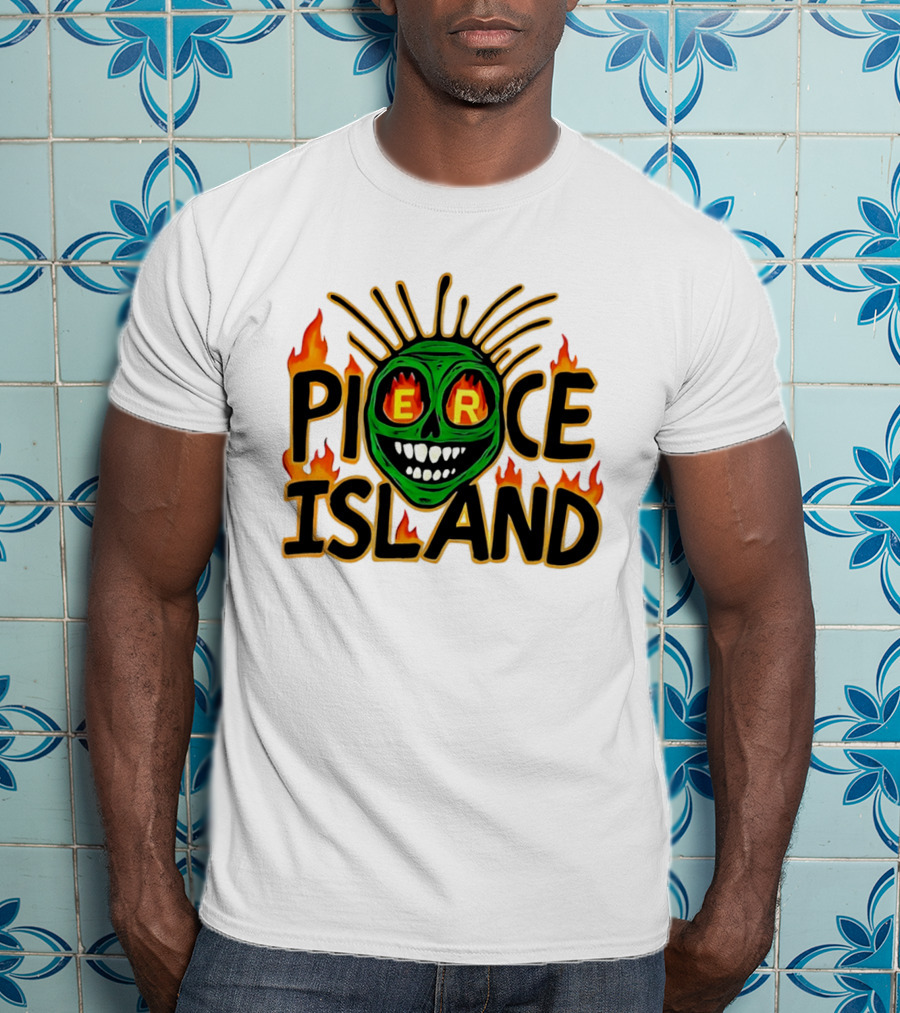 Pierce Island Green Skull Flames Spooky Island T-Shirt