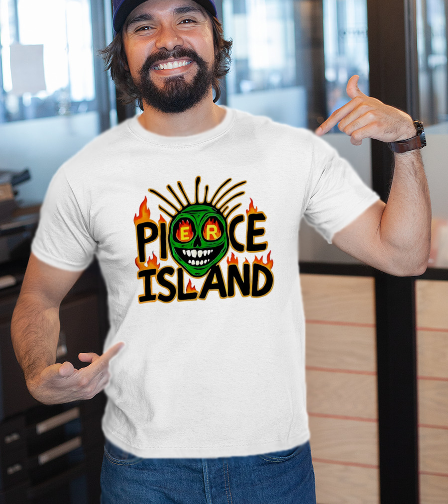 Pierce Island Green Skull Flames Spooky Island T-Shirt