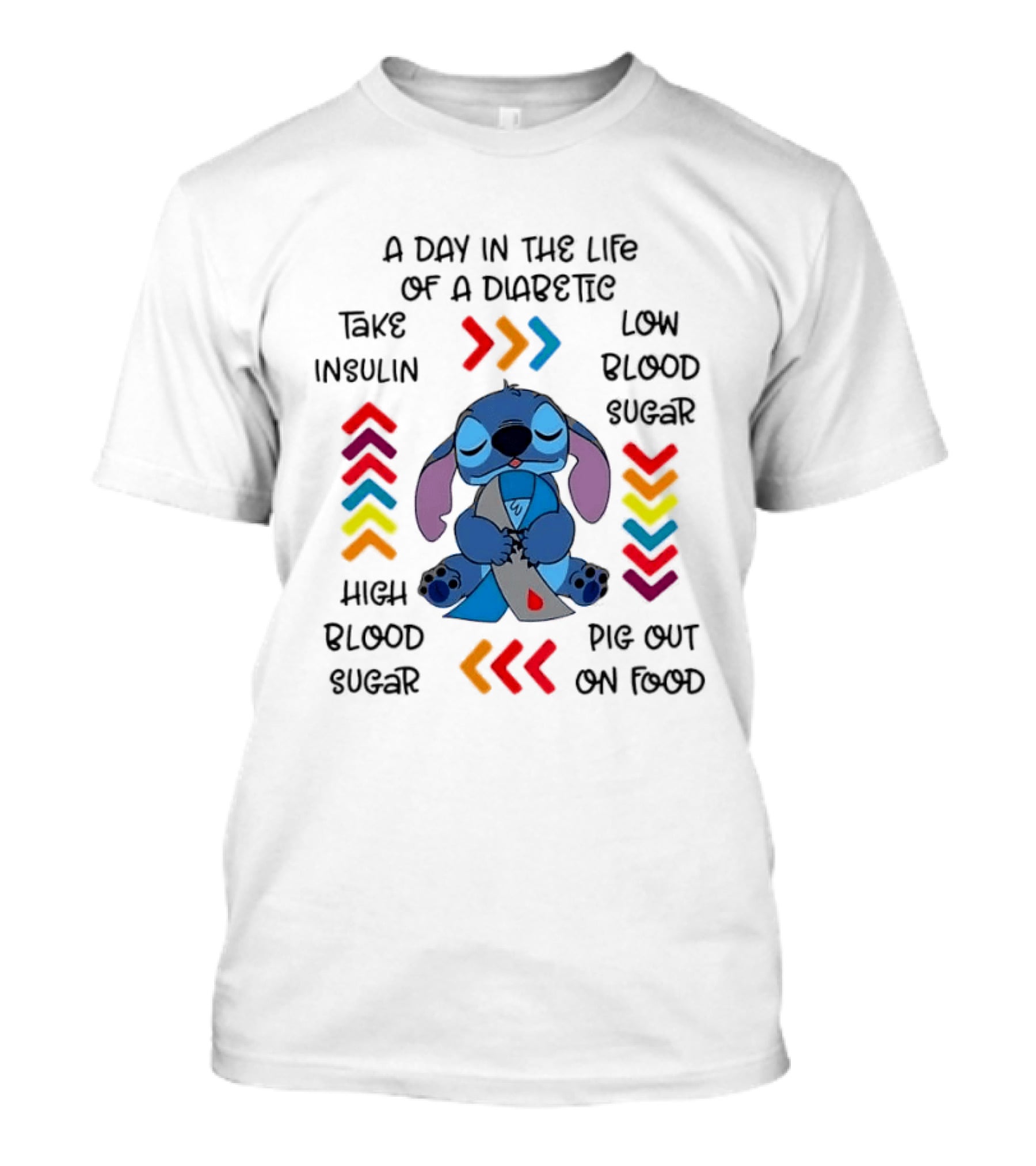 A Day In The Life Of A Diabetic Stitch Lilo And Stitch Diabetes Awareness Take Insulin Low Blood Sugar High Blood Sugar Pig Out On Food T-Shirt
