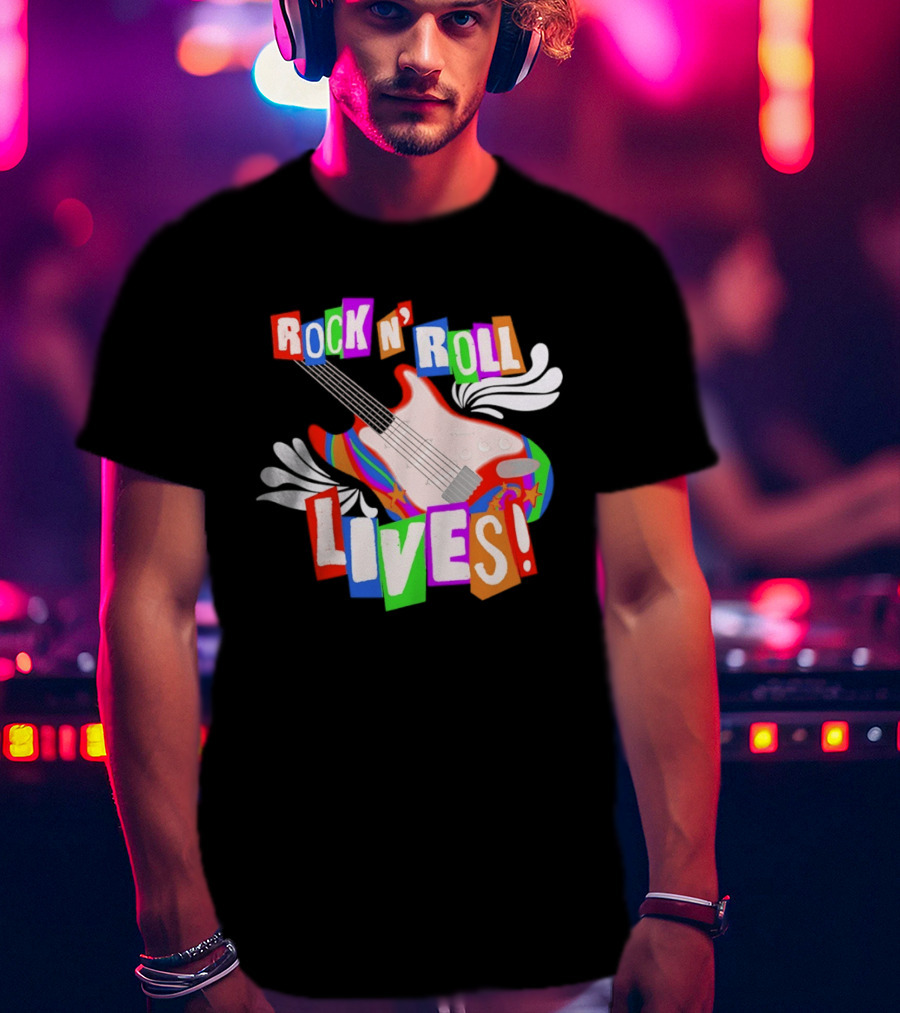 Rock N' Roll Lives Colorful Electric Guitar T-Shirt