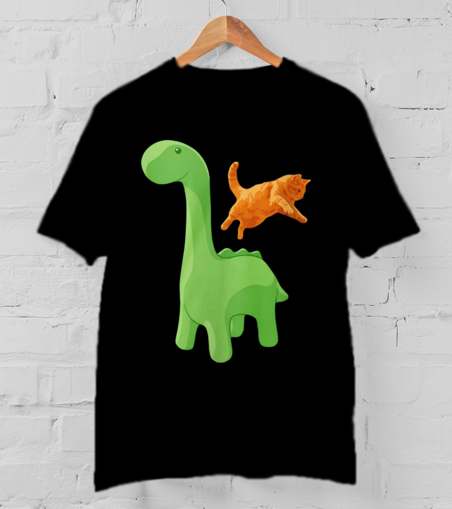Cat Jumping Over Green Dinosaur Cartoon Image T-Shirt