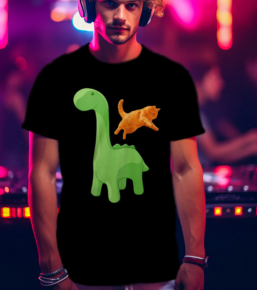 Cat Jumping Over Green Dinosaur Cartoon Image T-Shirt