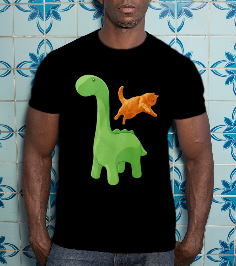 Cat Jumping Over Green Dinosaur Cartoon Image T-Shirt