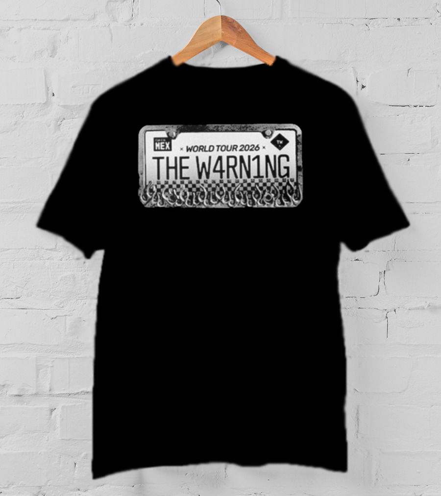 The W4RN1NG World Tour 2026 License Plate Checkered Flames T-Shirt