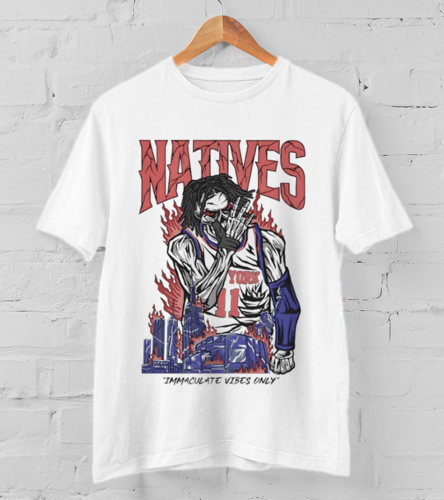 Natives Immaculate Vibes Only Jalen Brunson York 11 Skeleton Statue T-Shirt